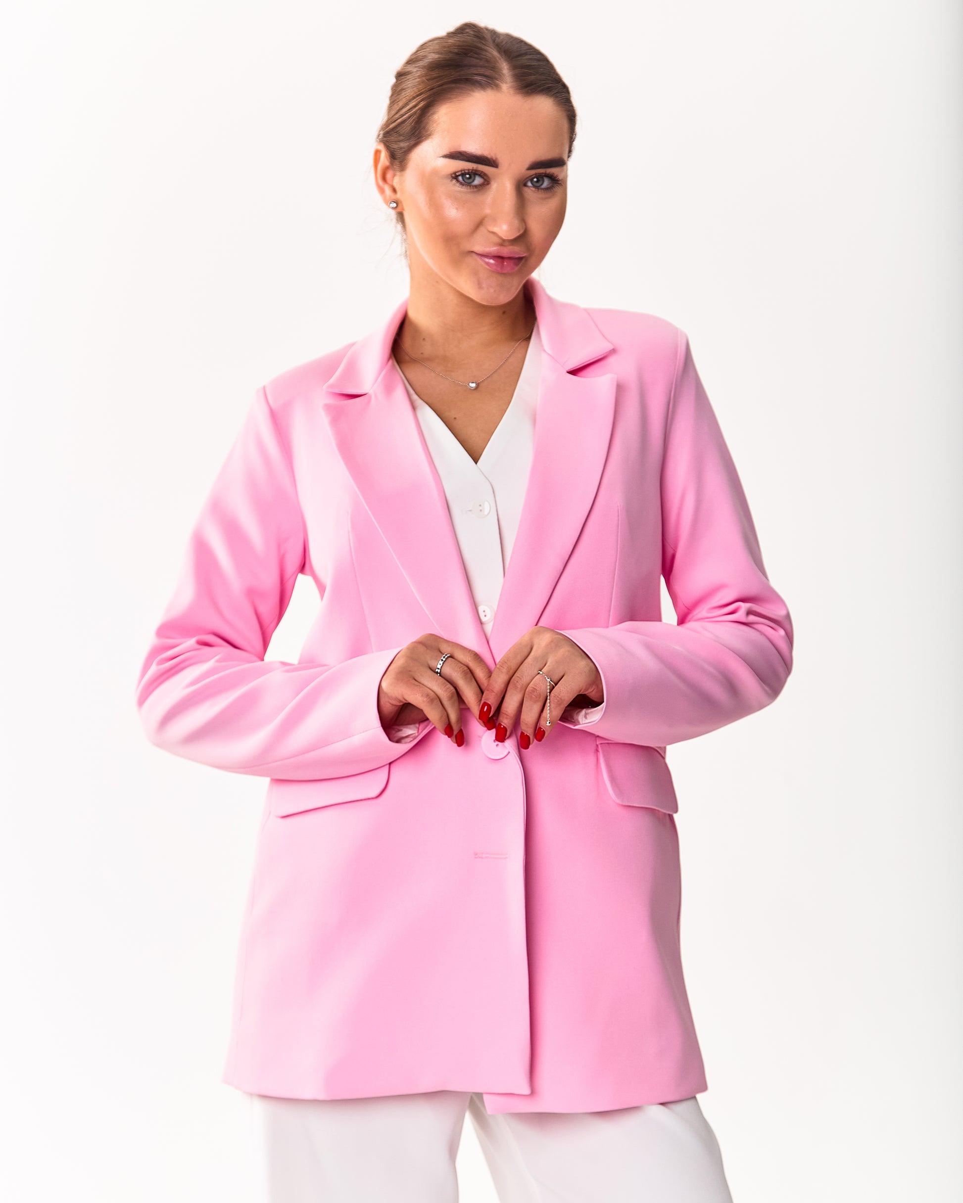 Women’s mid-length classic blazer with lapel collar and flap pockets Pink