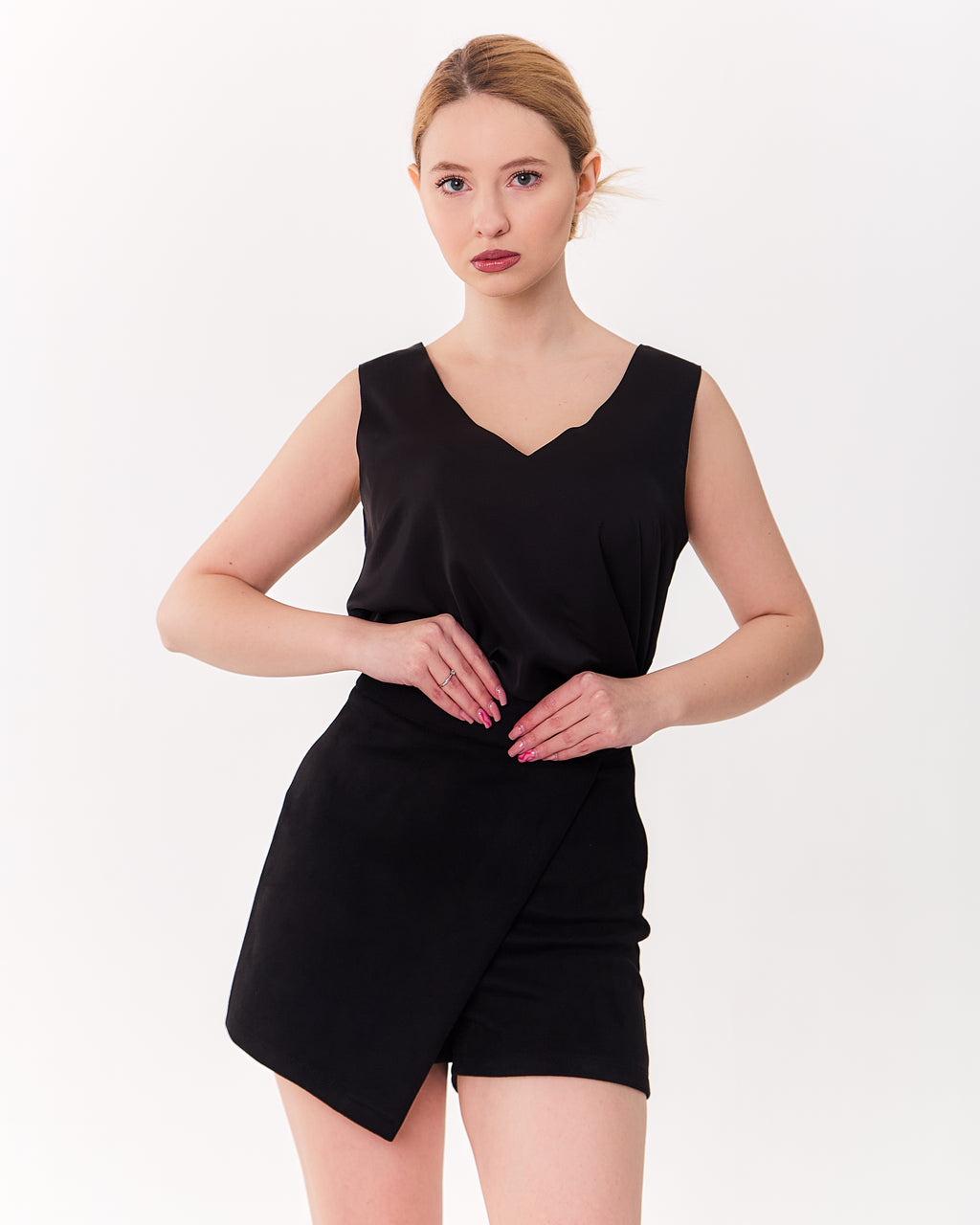 Asymmetrical Skort with Overlap Front Red