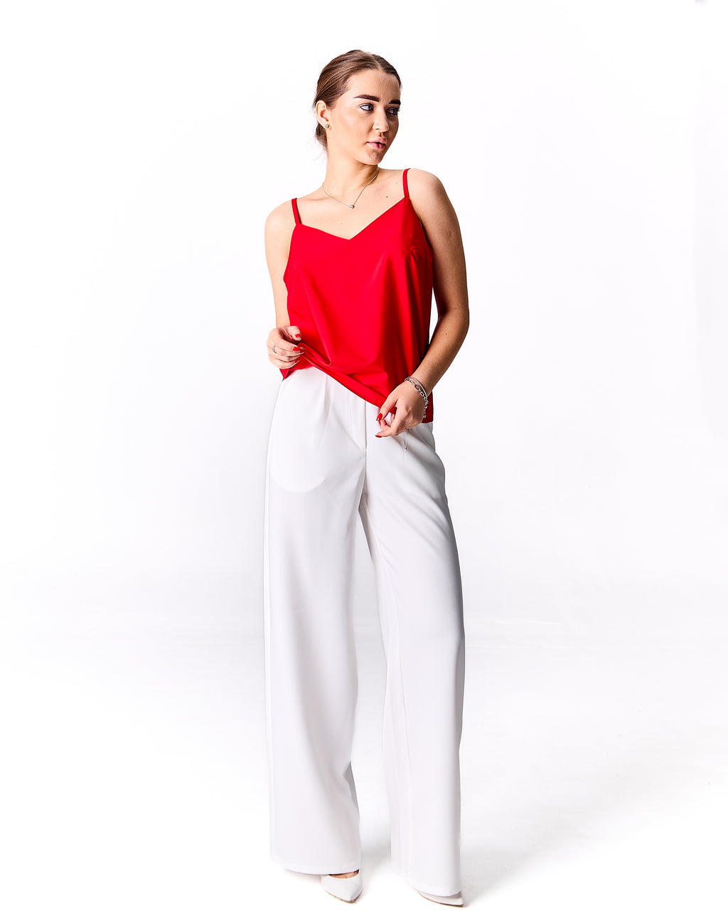 Palazzo Trousers with Pleats and Back Elastic Striped rose gold