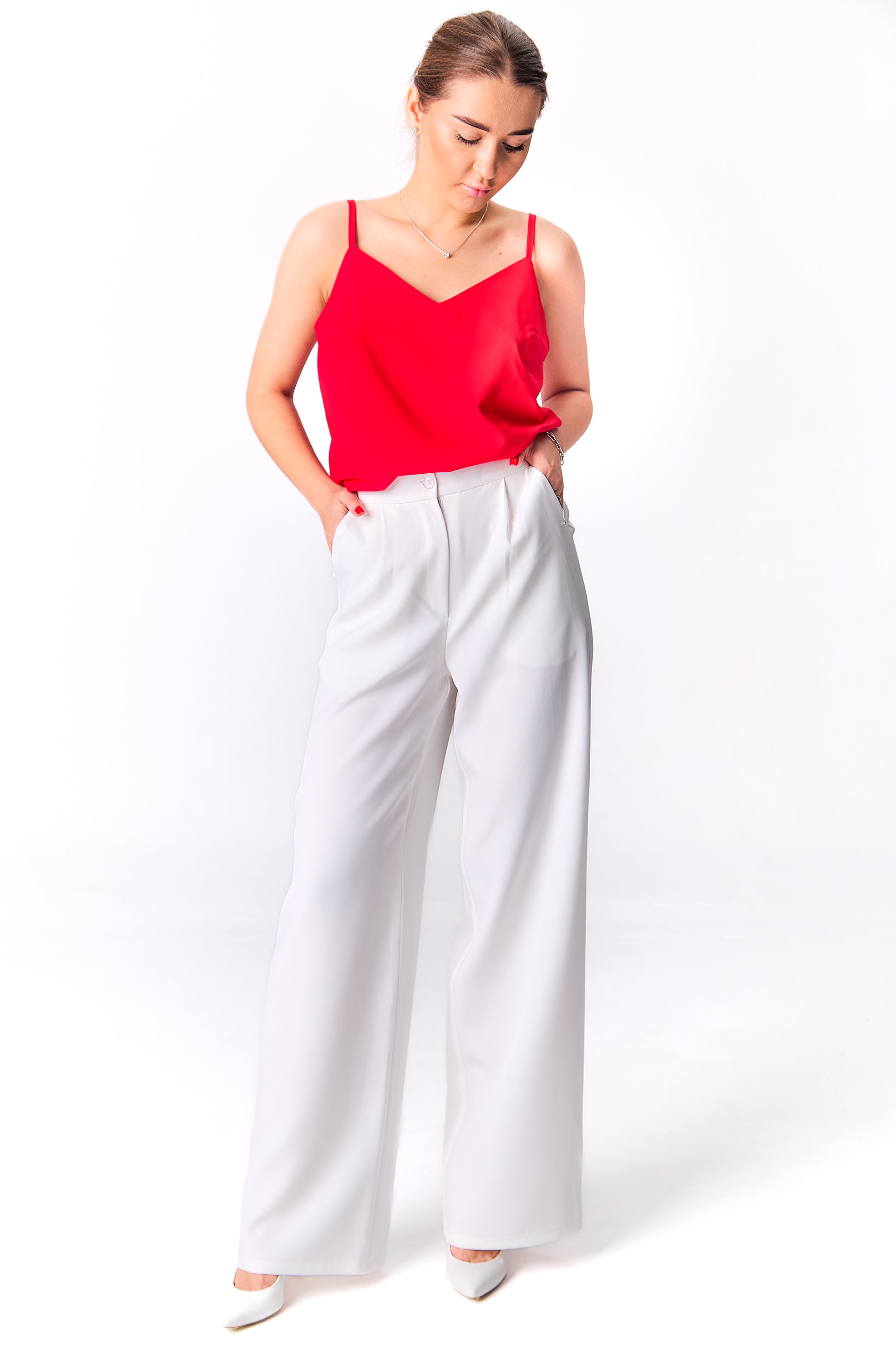 Palazzo Trousers with Pleats and Back Elastic Striped rose gold