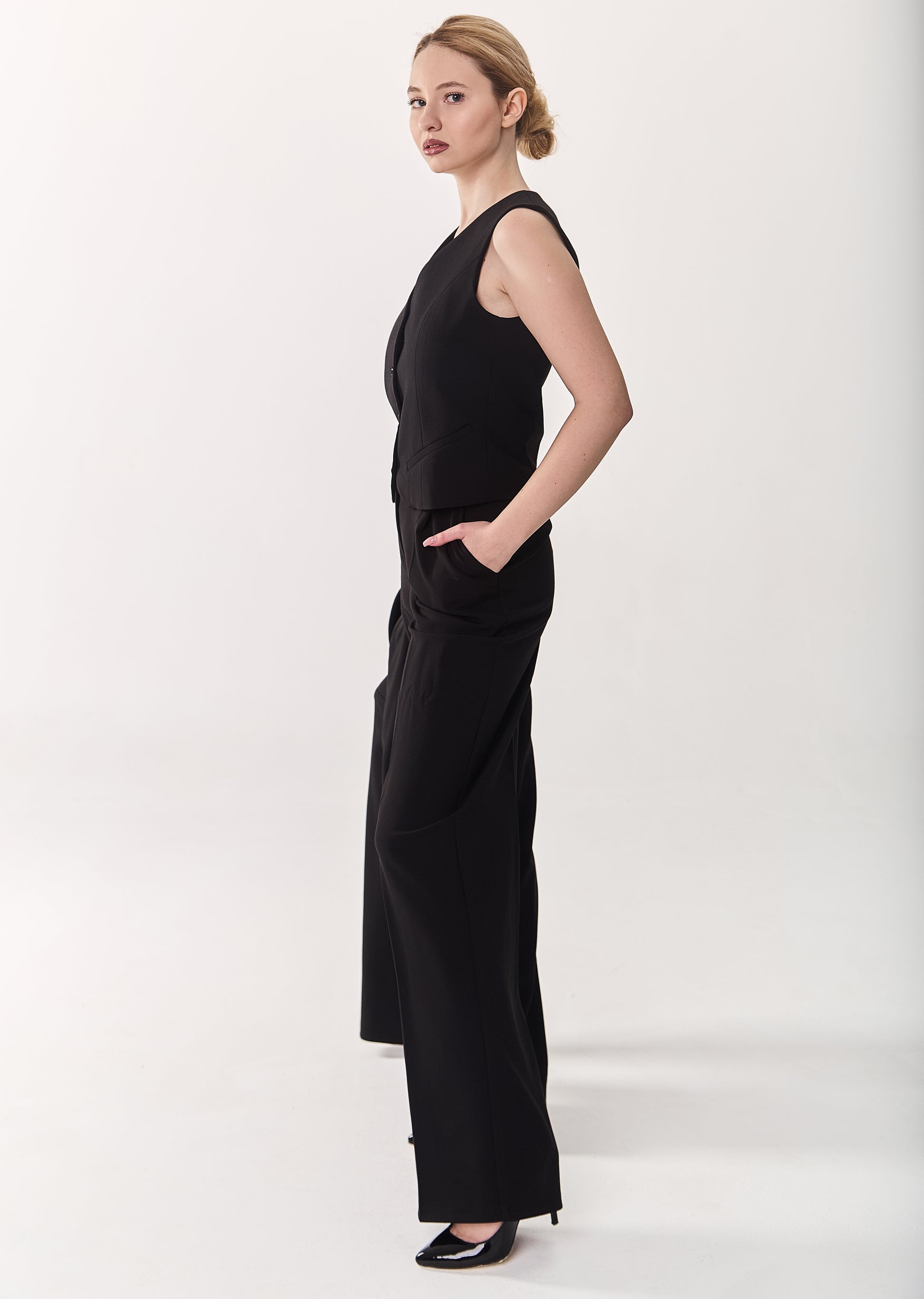 Palazzo Trousers with Pleats and Back Elastic Striped rose gold