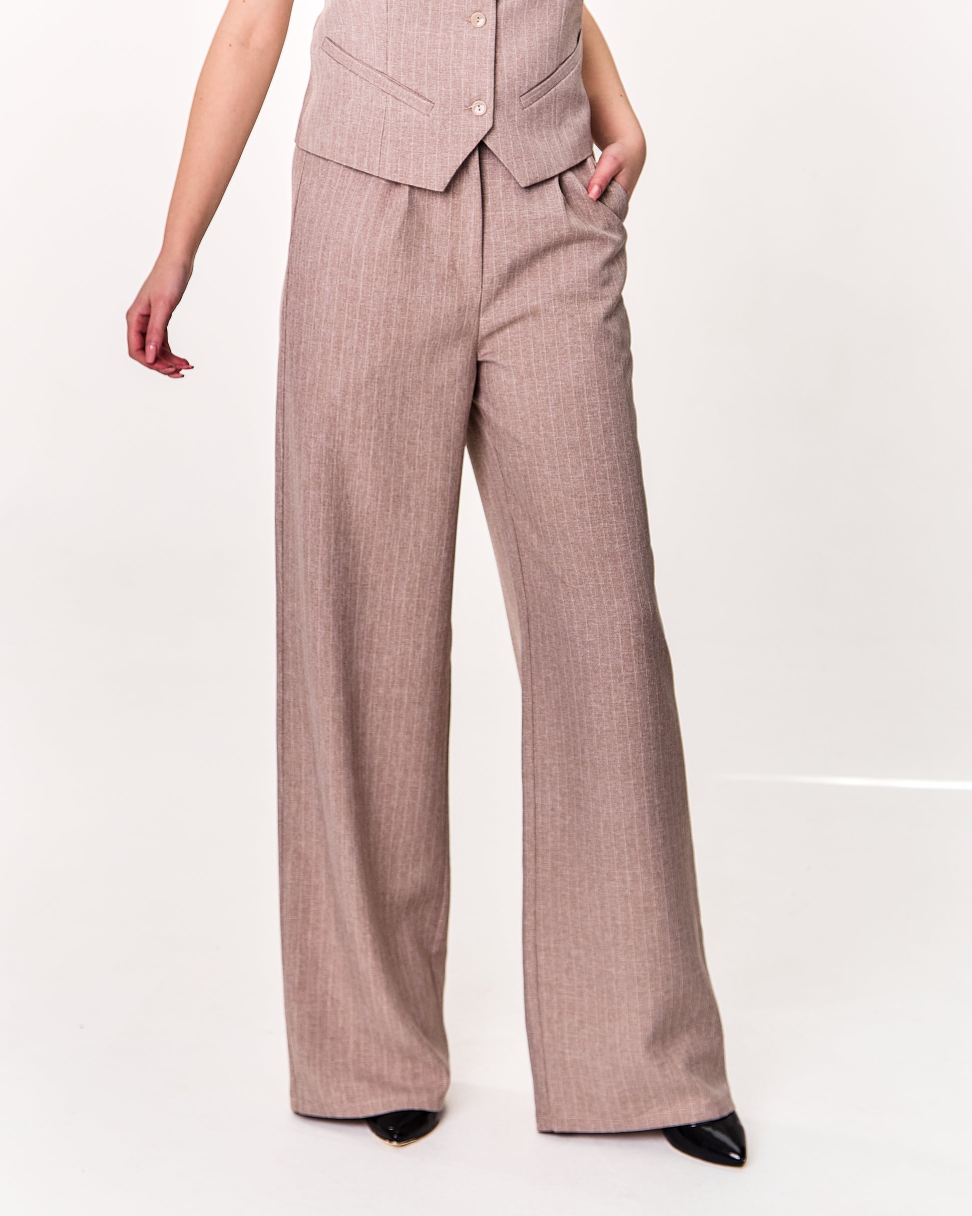 Palazzo Trousers with Pleats and Back Elastic Striped rose gold