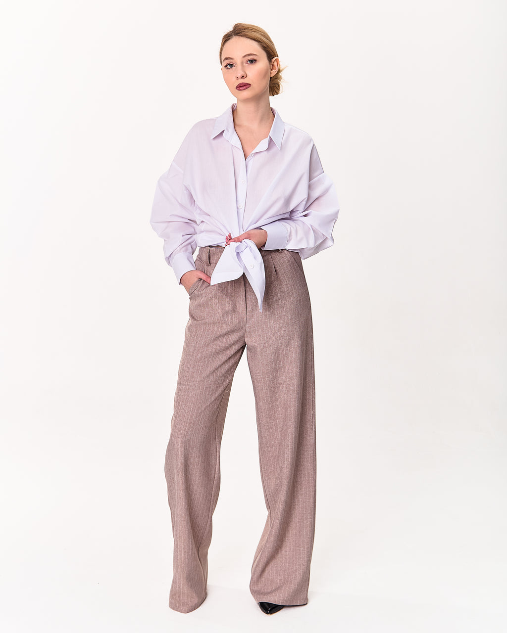 Palazzo Trousers with Pleats and Back Elastic Striped rose gold
