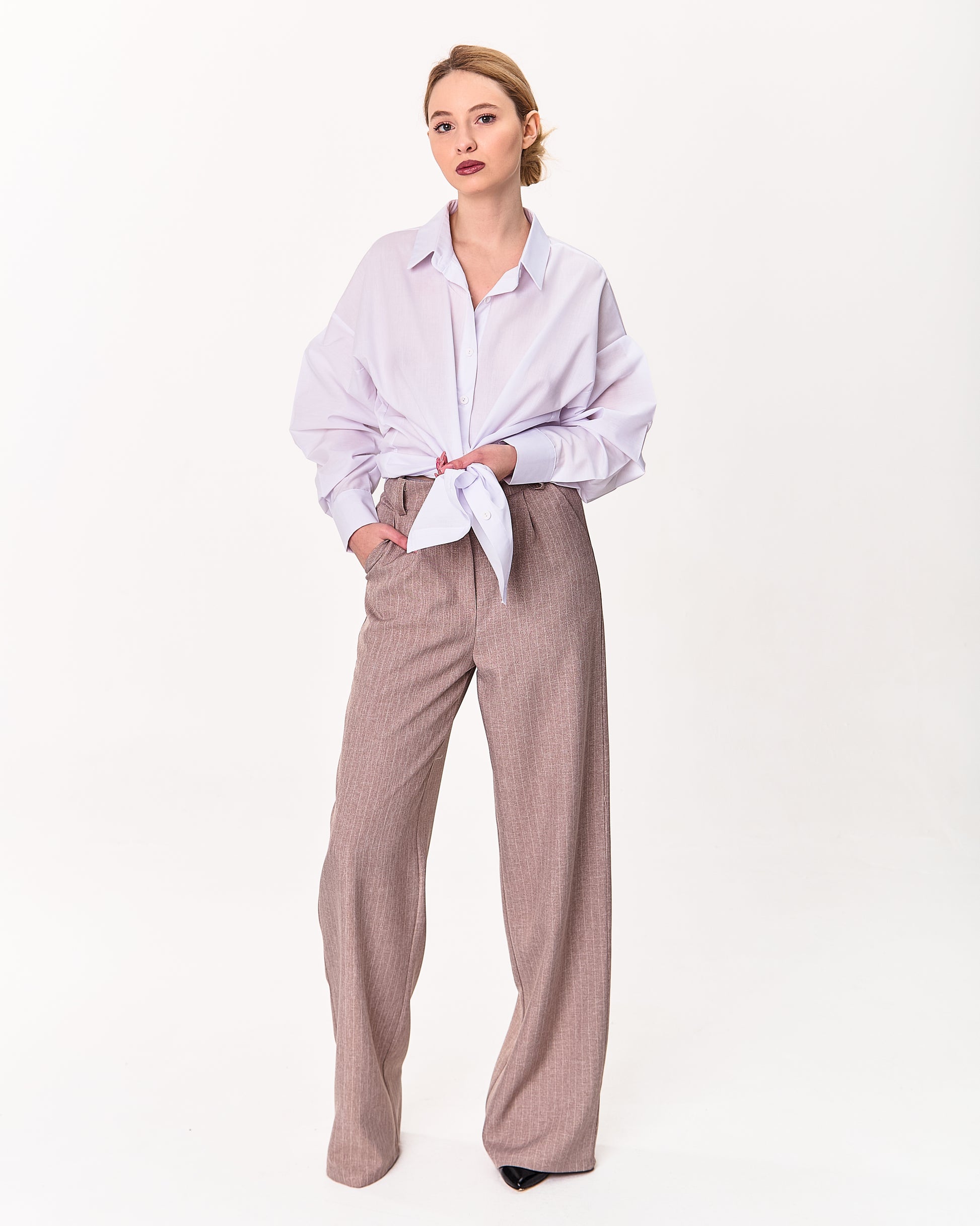 Palazzo Trousers with Pleats and Back Elastic Striped rose gold