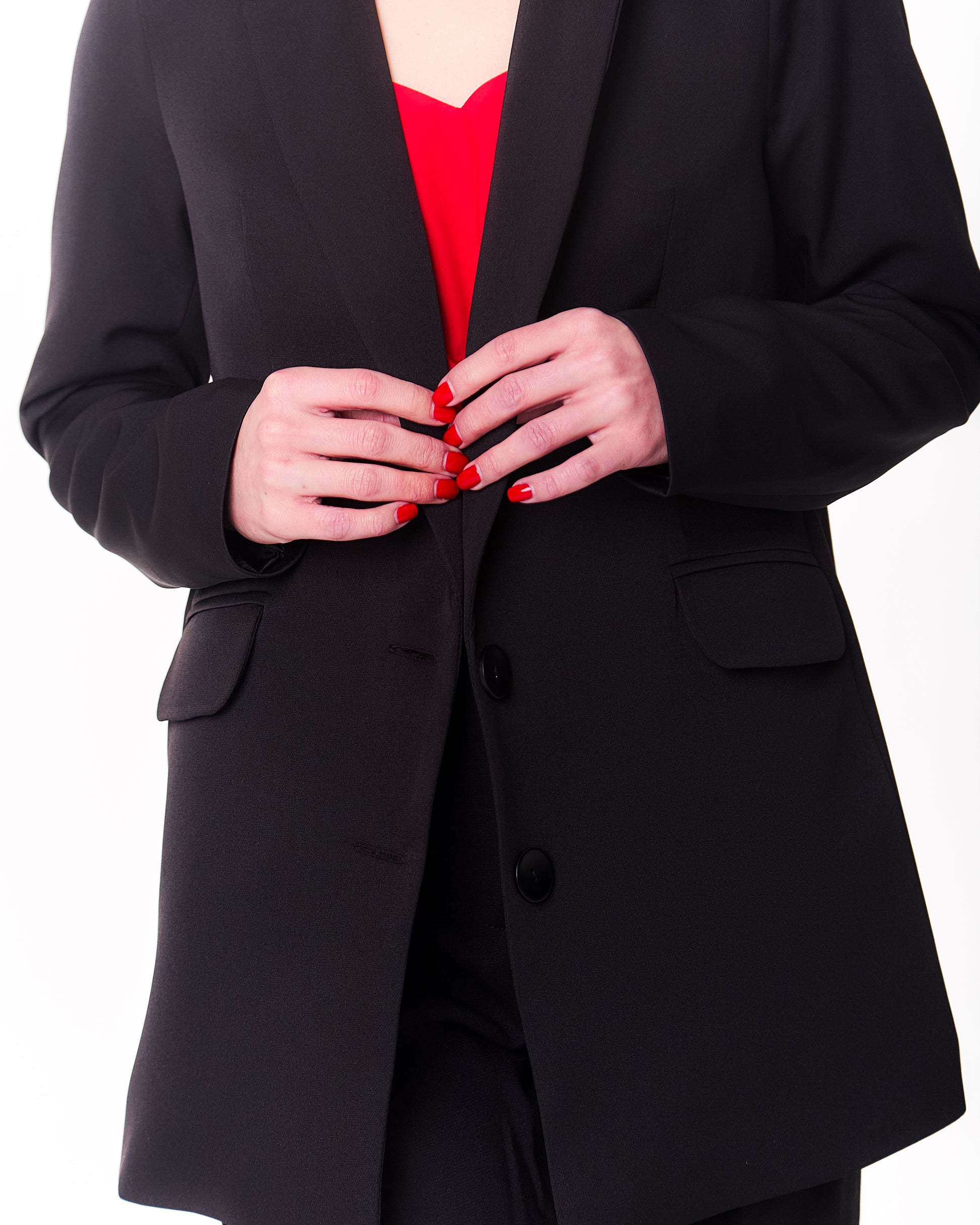 Women’s mid-length classic blazer with lapel collar and flap pockets Black